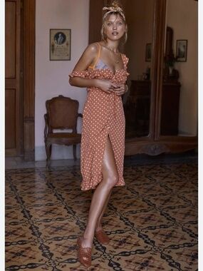 For Love and Lemons Natalia Midi Polka Dot Orange Saffron Dress XS